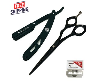 New Krisp Beauty Barber Salon Hair Stylist Cutting Shear Scissor Tijeras 6" + Straight Shaving Razor Black