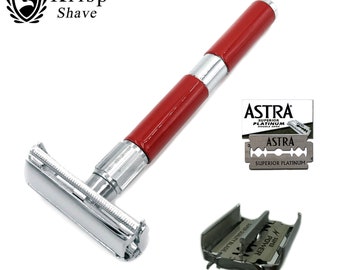 Beard Wet Cut Throat Butterfly Opening Double Edge Safety Razor For Men + 5 Astra Shaving Blades Red