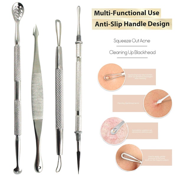 4 PC-Set Hautpflege Mitesser Whitehead Pickel Zit Akne Spot Komedonen Extractor Entferner Popper Kit Werkzeuge Instrument Edelstahl