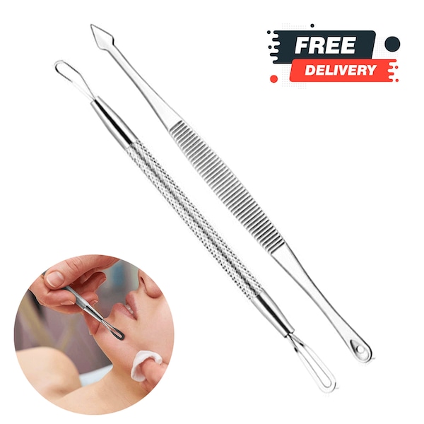 Blackhead Whitehead Acne Pimple Spot Comedone Extractor Remover Popper Tools Kit 2 Pc Set Stainless Steel