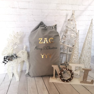 Personalised Grey Santa Sack, Custom Christmas Sack, Name Christmas Gift Bag, Christmas Gift Bag, Dog cat pet Santa sack