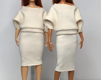 Handmade Interlock Knit Boxy Sweatshirt, Below Knee Pencil Skirt With Elastic Waist, Original and Curvy Fit - Ivory