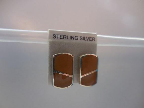Tan Enamel Rectangular Post Earrings 925 Sterling… - image 2