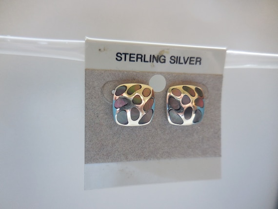 Gray Rainbow Square Abalone Post Earrings 925 Ste… - image 1