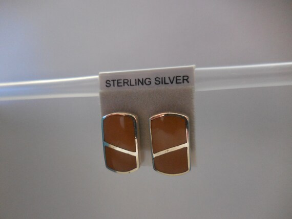 Tan Enamel Rectangular Post Earrings 925 Sterling… - image 5