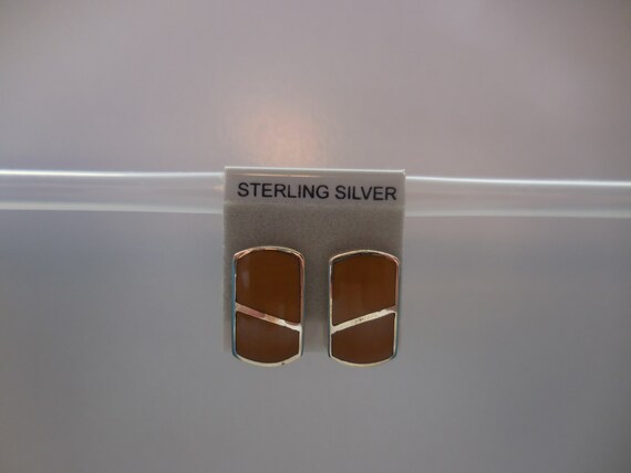 Tan Enamel Rectangular Post Earrings 925 Sterling… - image 4