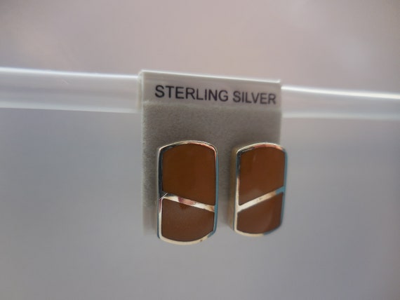 Tan Enamel Rectangular Post Earrings 925 Sterling… - image 3
