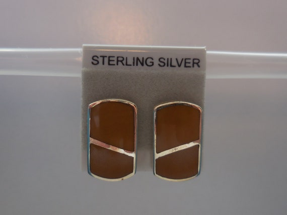 Tan Enamel Rectangular Post Earrings 925 Sterling… - image 9
