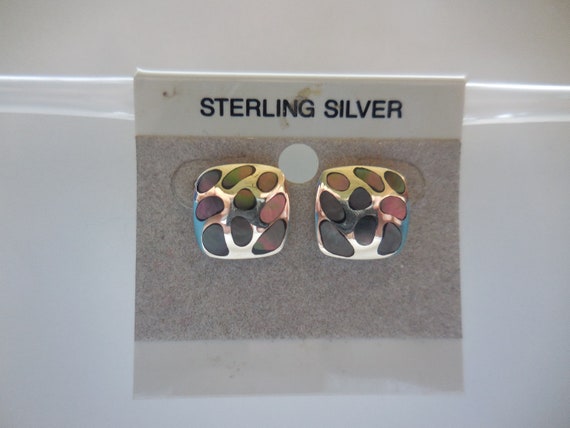 Gray Rainbow Square Abalone Post Earrings 925 Ste… - image 2