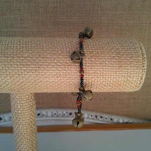 Vintage New/Old Stock Handmade Brass Dangle Bells Beaded Ankle Bracelet Inches Long