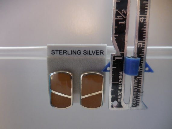Tan Enamel Rectangular Post Earrings 925 Sterling… - image 6