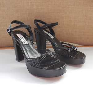 Vintage 1990&#39;s Guess Black High Heel Ankle Strap Platform Shoes