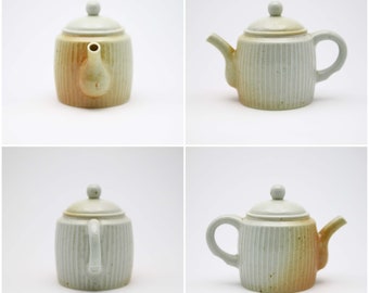 Striped Ivory Mini Tea Pot, Wood Fired, One and Only, Handmade, Unique, Nature Glaze, Gift