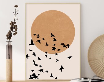 Boho Sunset Print, Birds Silhouette, Printable Wall Art, Minimalist Poster, Bird Flock, Abstract Sun Wall Art, Modern Gallery Wall, Scandi