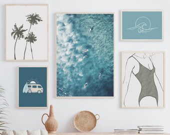 Boho Blue Wall Art Set of 5, Beach Wall Decor Sets, Tropical Prints, Printable Wall Art, Ocean Photo, Beach House Decor, Modern Coastal Art