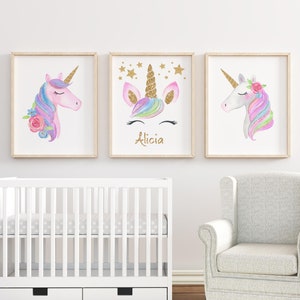 Personalized Nursery Print Set Unicorn Printable Set of 3 Name Sign Unicorn Wall Art Nursery Decor Girl Bedroom Initials Poster Baby Girl