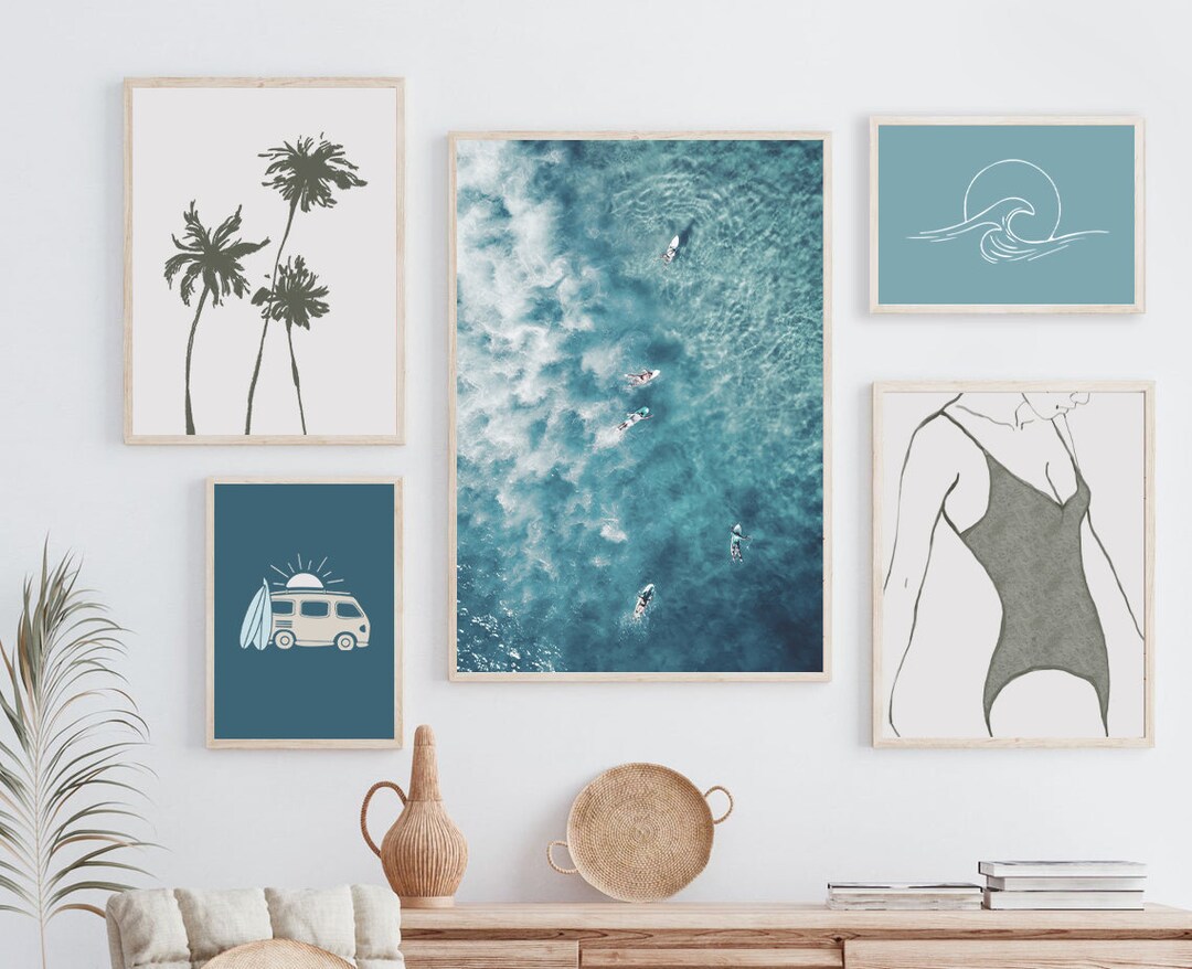Boho Blue Wall Art Set of 5 Beach Wall Decor Sets Tropical Etsy UK