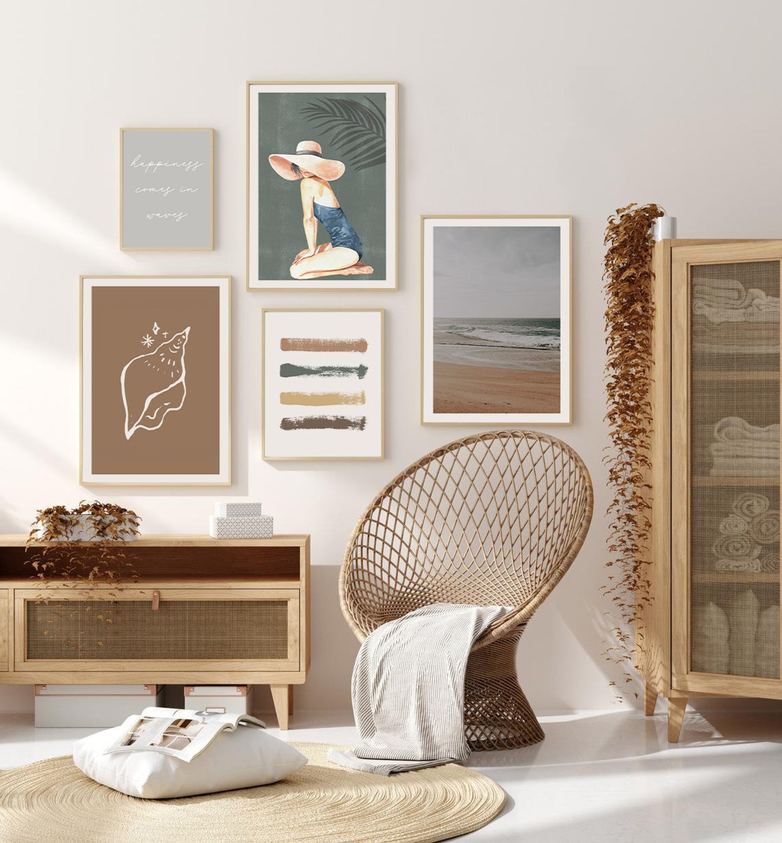 Boho Beach Gallery Wall Set of 5, Coastal Wall Art, Printable Wall Art