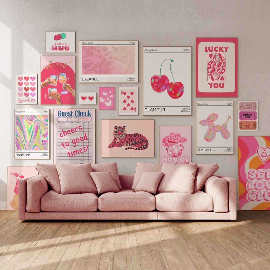 Retro Gallery Wall Set of 20, Pink Preppy Posters, Holographic Prints