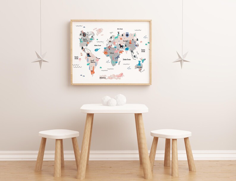 Animal World Map Nursery Decor Kids World Map Neutral Nursery Etsy