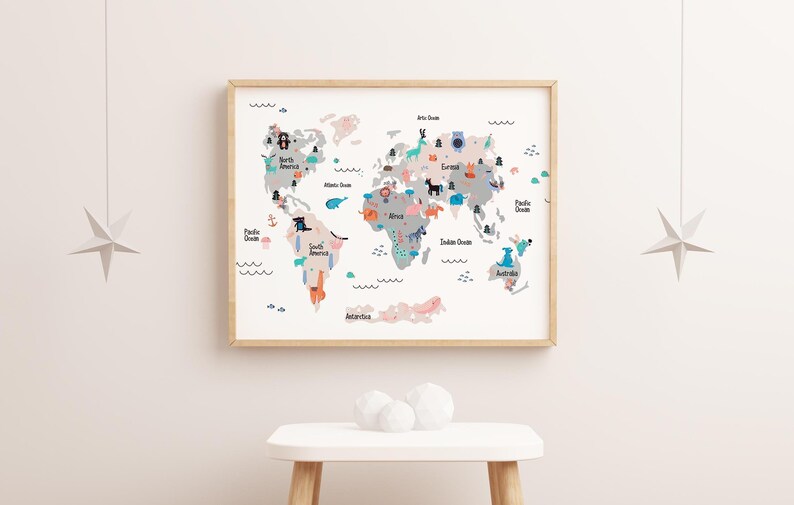 Animal World Map Nursery Decor Kids World Map Neutral Nursery Etsy