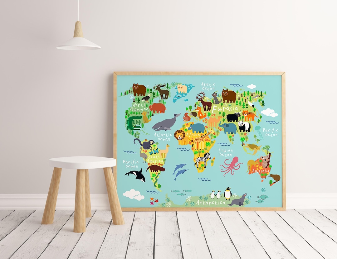 Nursery World Map Print Animal World Map Kids World Map Etsy