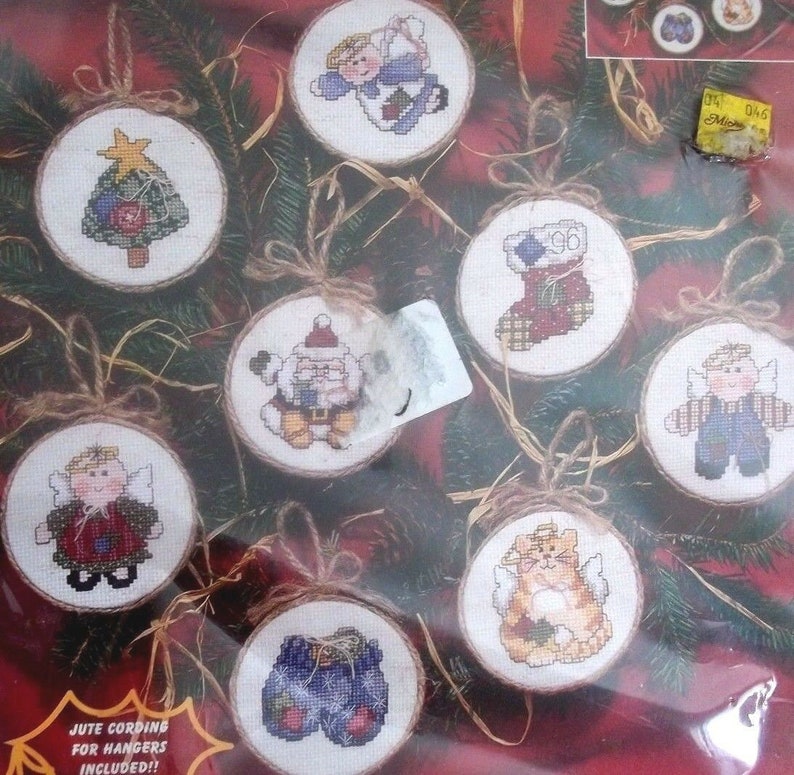 set of 8 CHRISTMAS Tree Ornaments Santa Snowman angel tabby cat CROSS STITCH new Kit country Rustic round