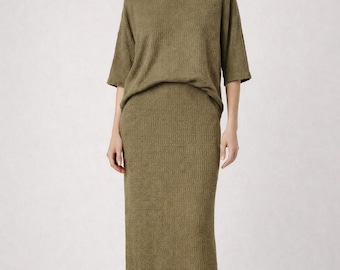 Marimekko by Khaki Green Merino Long Skirt Suit, SIZE XL