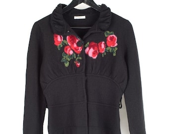 Kenzo Women's Black Boiled Wool Cardigan With Roses, XS