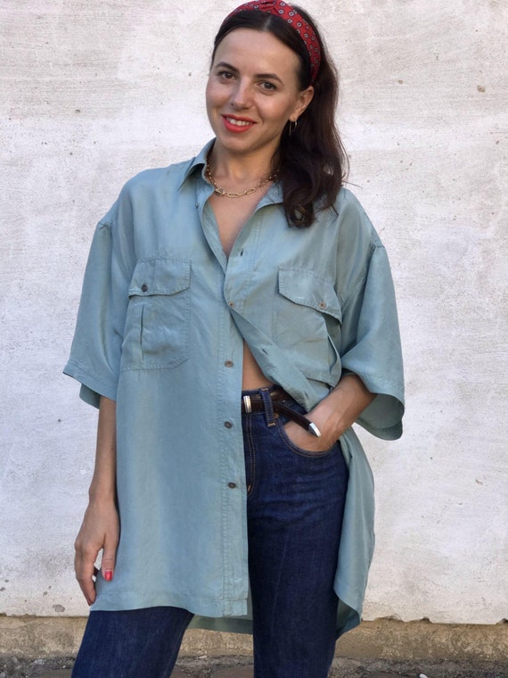 Vintage 100% Silk Teal Blue Summer Shirt, SIZE XXL