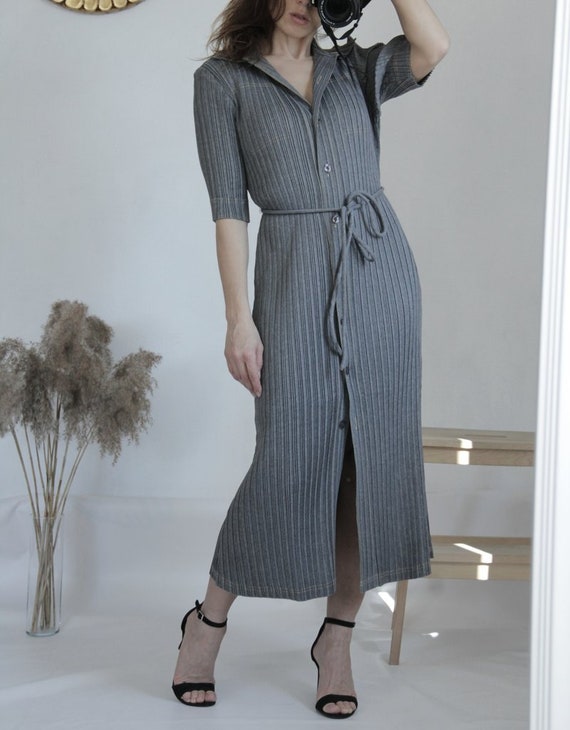 Adolfo Dominguez Pleated Gray Midi Shirt Dress, S… - image 9