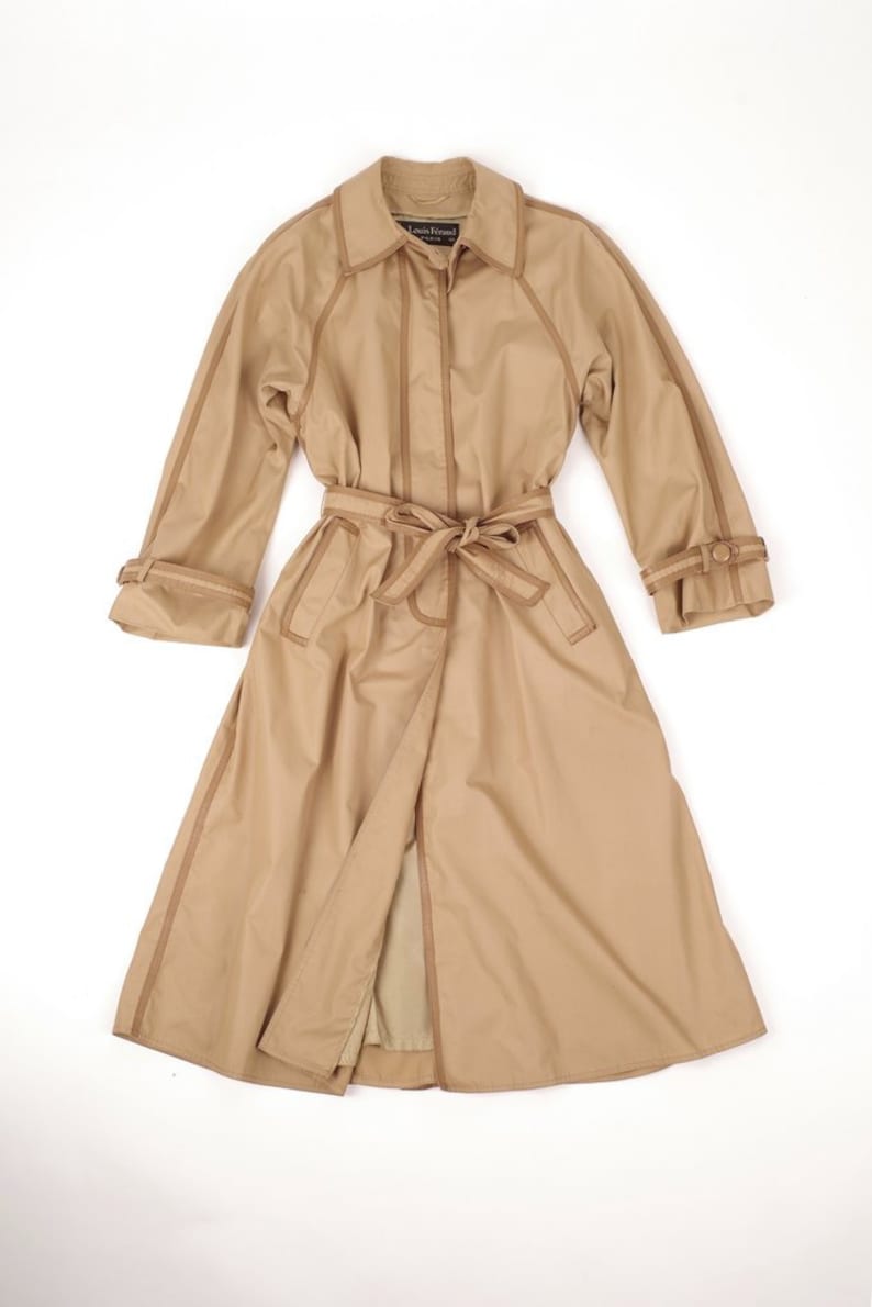 Louis Feraud Vintage Khaki Brown Trench Coat w/ Leather Details, Women's M imagem 3