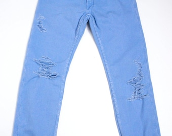 Pantalones vaqueros de mezclilla desgastados estilo boyfriend de ACNE JEANS, talla 27/32 para mujer, azul claro.