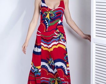 Stylish Summer Abstract Print Red Maxi Dress, Size S