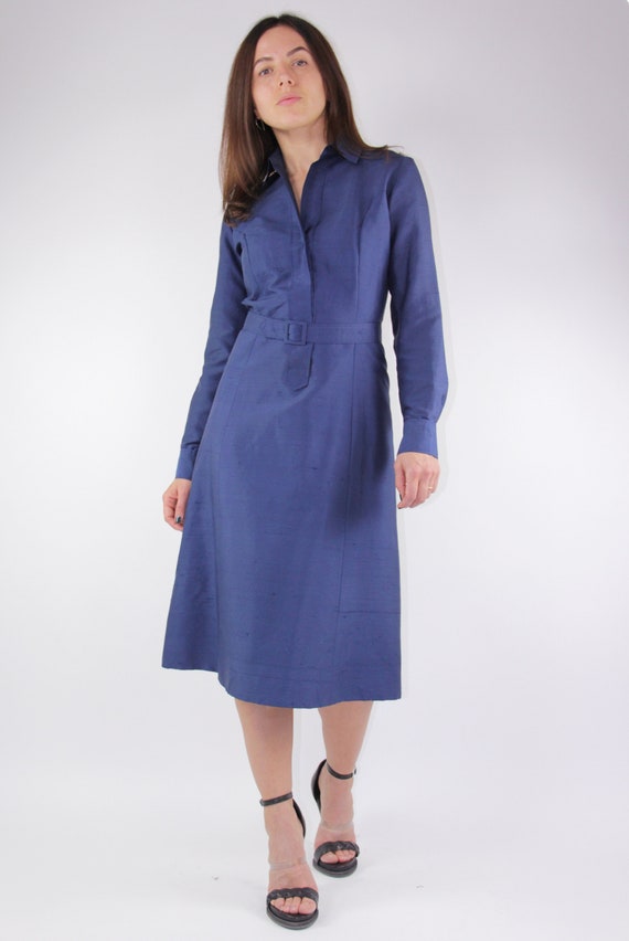 Hand Made 100% Silk Blue Midi Business Style Professional Look Belted Dress, Size S