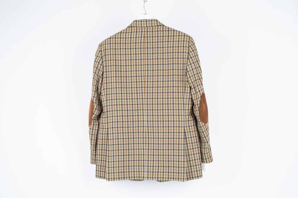 DAKS Signature Check Khaki Green Silk Wool Blazer, US 44, EU DAKS Signature Check Khaki Green Silk Wool Blazer, US 44, EU