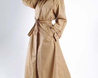 Louis Feraud Vintage Khaki Brown Trench Coat w/ Leather Details, Women's M