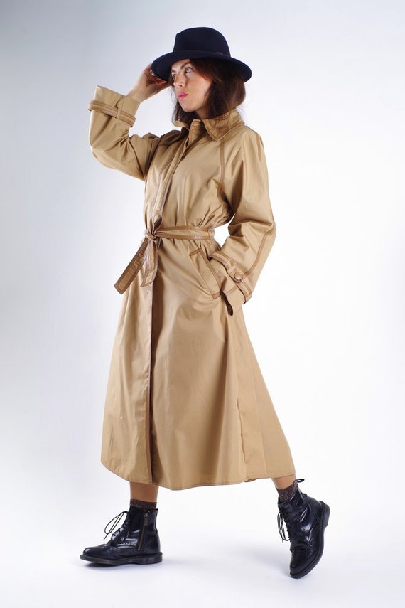 Louis Feraud Vintage Khaki Brown Trench Coat W/ Leather 