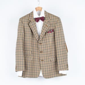 DAKS Signature Check Khaki Green Silk Wool Blazer, US 44, EU 54