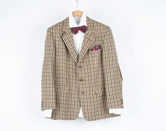 DAKS Signature Check Khaki Green Silk Wool Blazer, US 44, EU 54