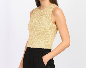 Top senza maniche con paillettes color crema Balenciaga, taglia XS