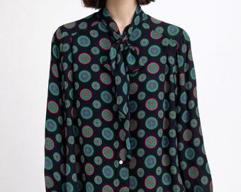 Blusa Celine Vintage de seda con lazada, estampado geométrico, talla M de mujer.