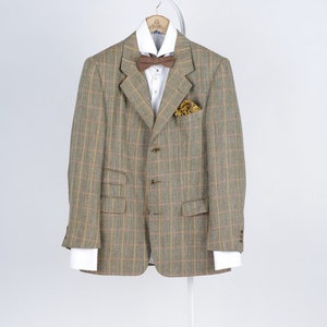 DAKS Signature Check Khaki Green Silk Wool Blazer, US 44, EU DAKS Signature Check Khaki Green Silk Wool Blazer, US 44, EU