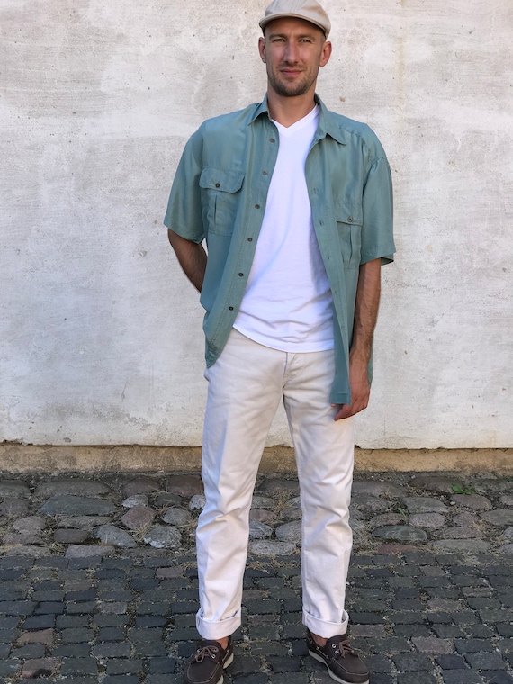 Vintage Men's 100% Silk Teal Blue Summer Shirt, SI