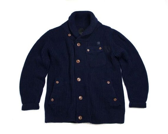G-STAR Men's Blue Chunky Wool Cardigan, XL