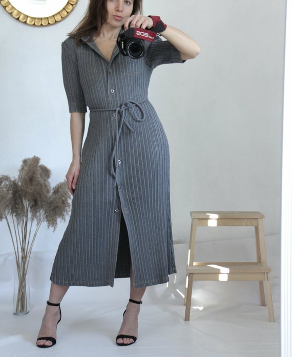 Adolfo Dominguez Pleated Gray Midi Shirt Dress, S… - image 8