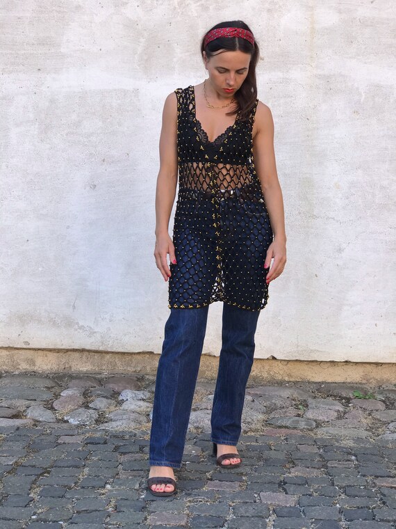 Black Crochet Knit Fishnet Gold Beaded Vest