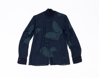 Blusa Akris de lana transparente con estampado botánico, talla S para mujer.
