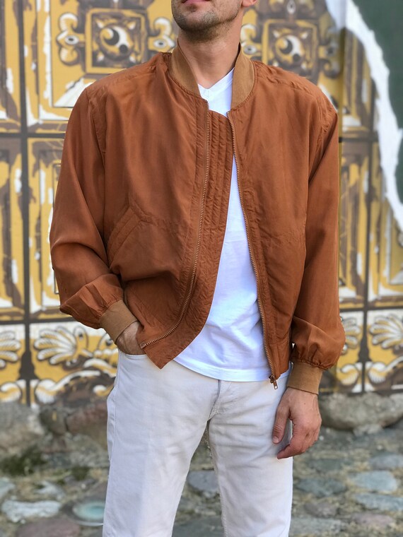Vintage Men's Burnt Orange Silk Bomber Jacket SIZE