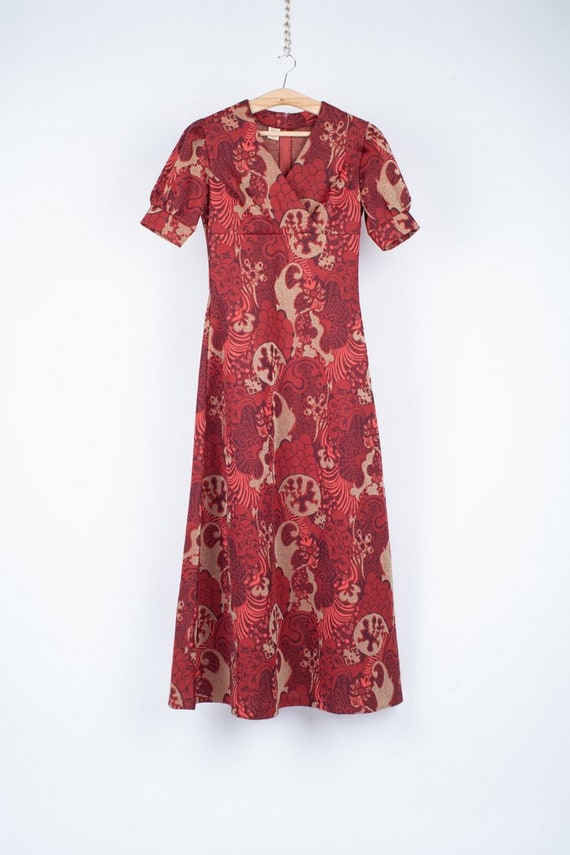 Vintage 70's Burgundy Red Floral Puff Sleeve Maxi… - image 3